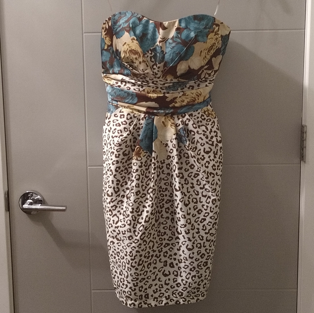 Blue Floral Leopard Print Dress with Pockets M